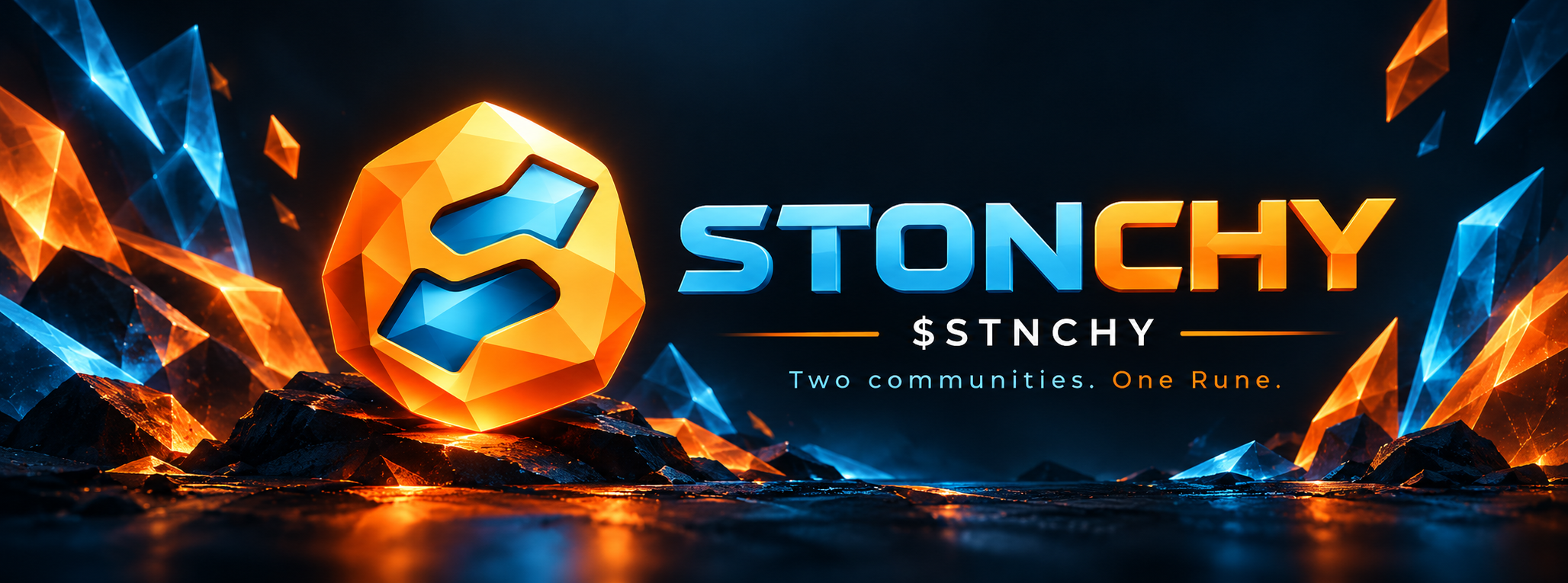 STONCHY — blue STON and orange CHY, with the orange gemstone emblem surrounded by crystals